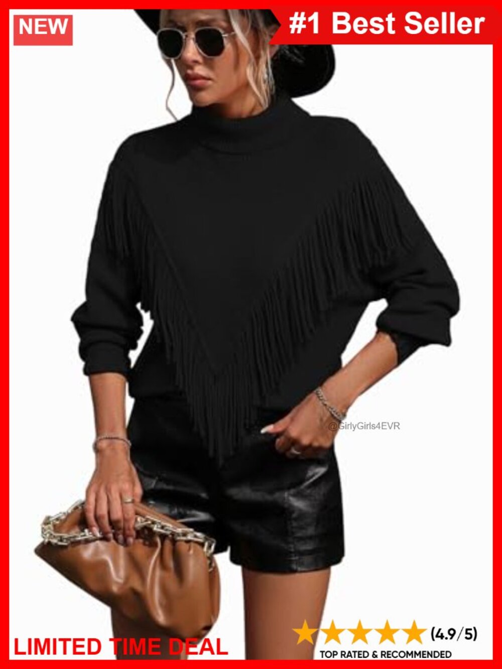 Womens Fringe Trim Turtleneck Long Sleeve Knit Loose Pullover Sweater
